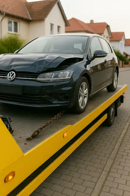 Ein defektes Fahrzeug wird in Zwickau beim Autoankauf professionell abgeschleppt.